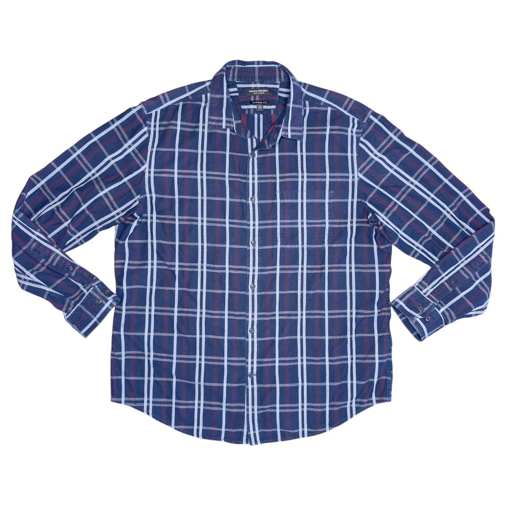 Banana Republic Luxe‎ Flannel Men's XL Blue Plaid Camden Fit Button Down Shirt